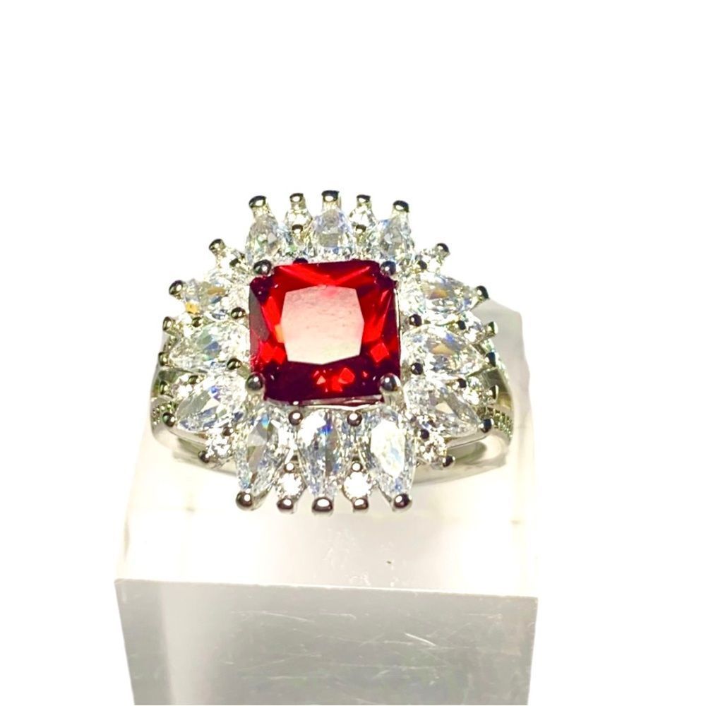Garnet & CZ Gemstone Ring of 925 Sterling Silver Overlay (8.5)